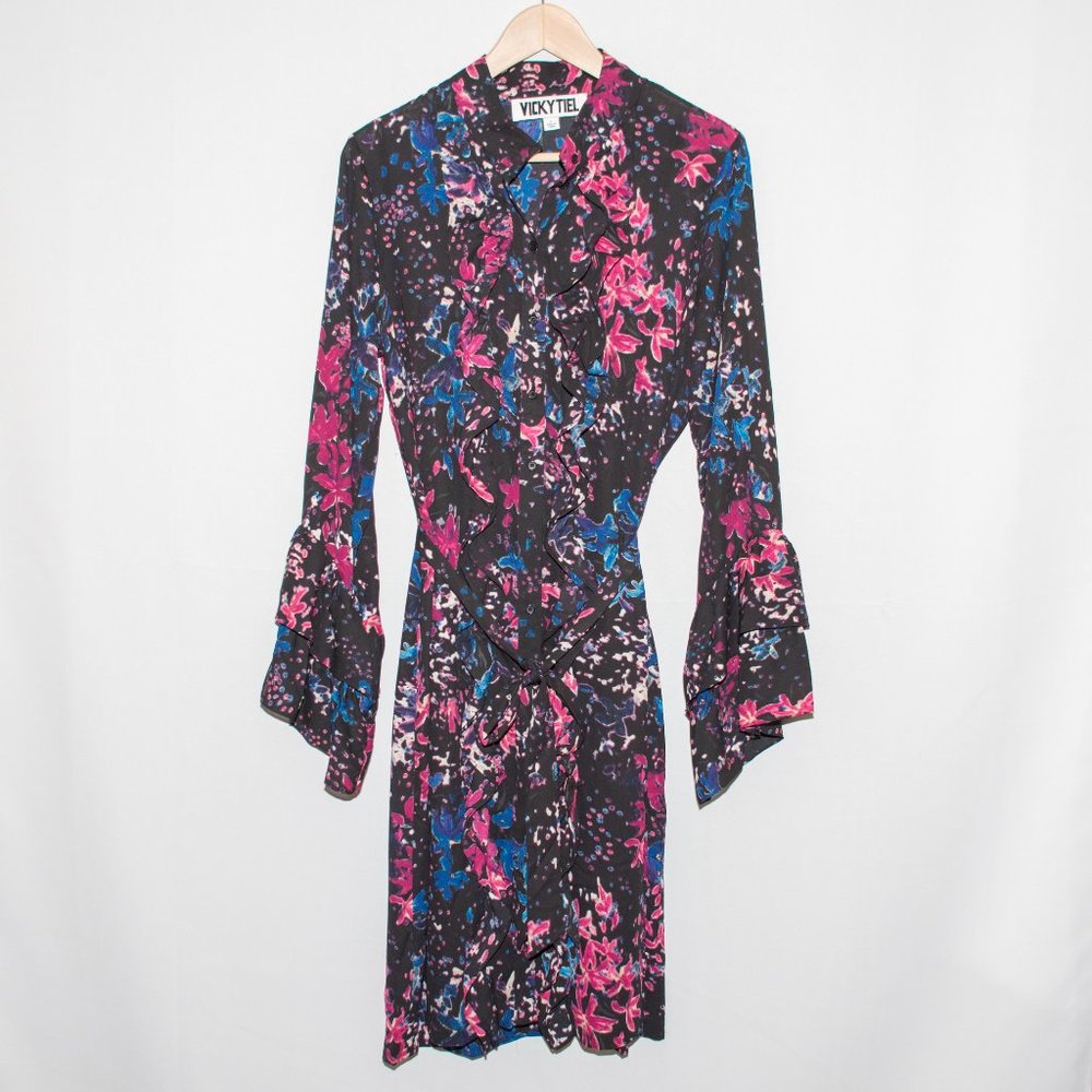 Vicky Tiel Abstract Ruffle Dress w/Tie Waist